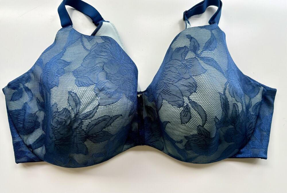 Cacique Women’s Bra 44G Full Coverage Underwire Blue Lace Wide Strap Lined